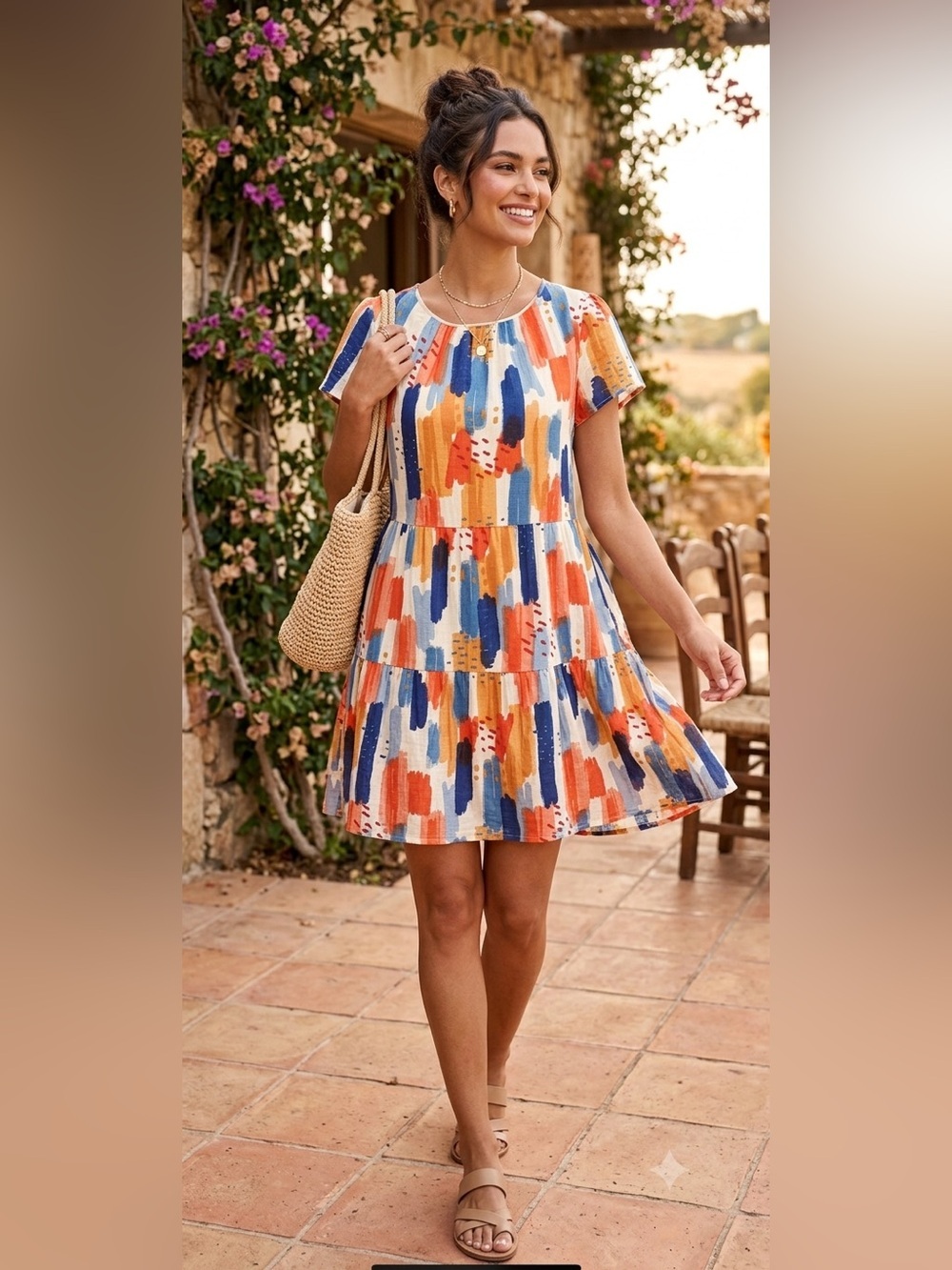 THML Watercolor Flutter Sleeve Sundress Sz M Tiered Lined Artsy Mini Abstract